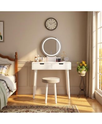 Vanity Desk Set, Touch Screen 3 Colors Adjustable Lighted Mirror, Dressing Table and Cushioned Stool with 2 Large Drawers for Bedroom, Bathroom