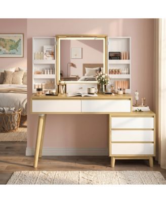 Small Vanity Desk with Lighted Mirror, 6 Drawers and Open Storage Shelves, Space-Saving Wood Vanity Table, Modern White Dressing Table