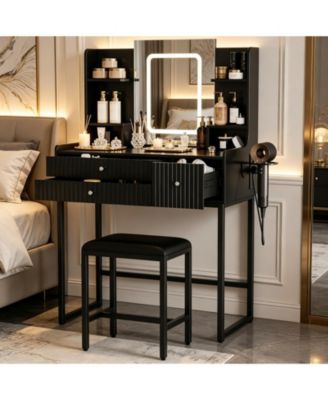 Modern Small Vanity Desk with Mirror, 3-Color LED Lights, Built-in Charging Station, 3 Drawers, 6 Storage Shelves, Bedroom Table