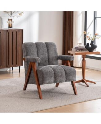 Mid-Century Modern Accent Chair, Chenille Fabric Lounge Armchair with Solid Wood Frame