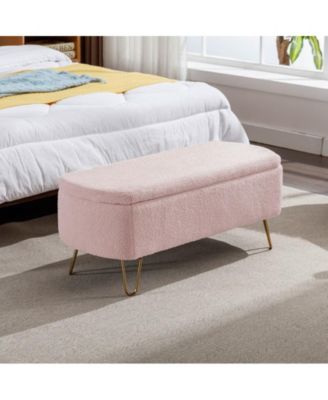 Storage Ottoman Bench for End of Bed Gold Legs Modern Grey Faux Fur Entryway Bench Upholstered Padded