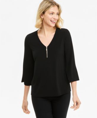 Women's V-Neck Zip-Front 3/4-Sleeve Top
