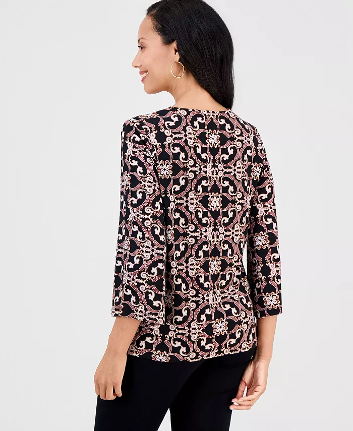 Women's Printed 3/4-Sleeve Zip-Front Top - thumbnail 8