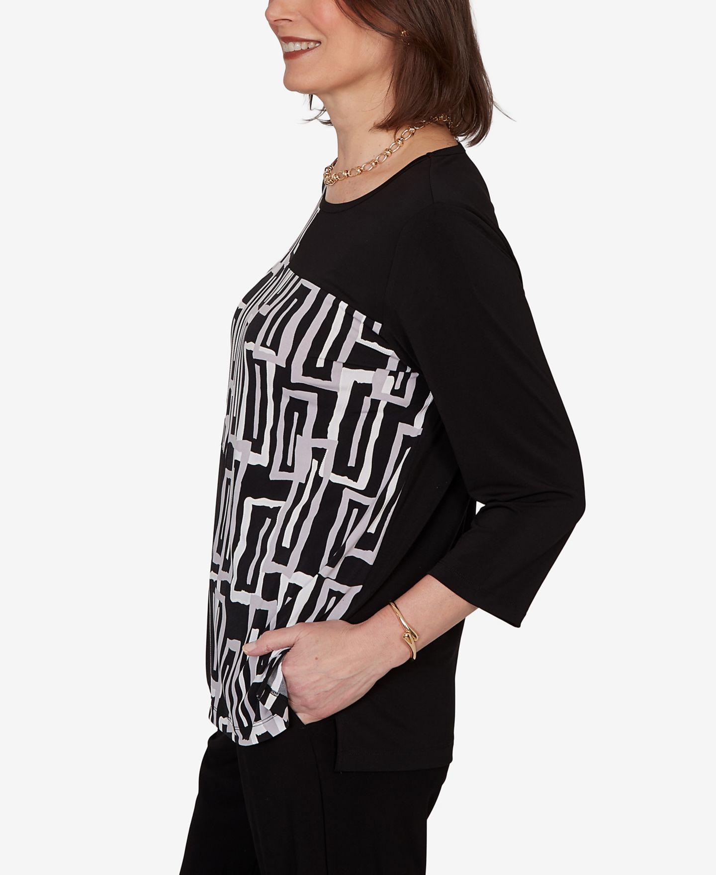 Женский топ Alfred Dunner Spliced Geometric Puff Print, цвет: Чёрный — фото 3