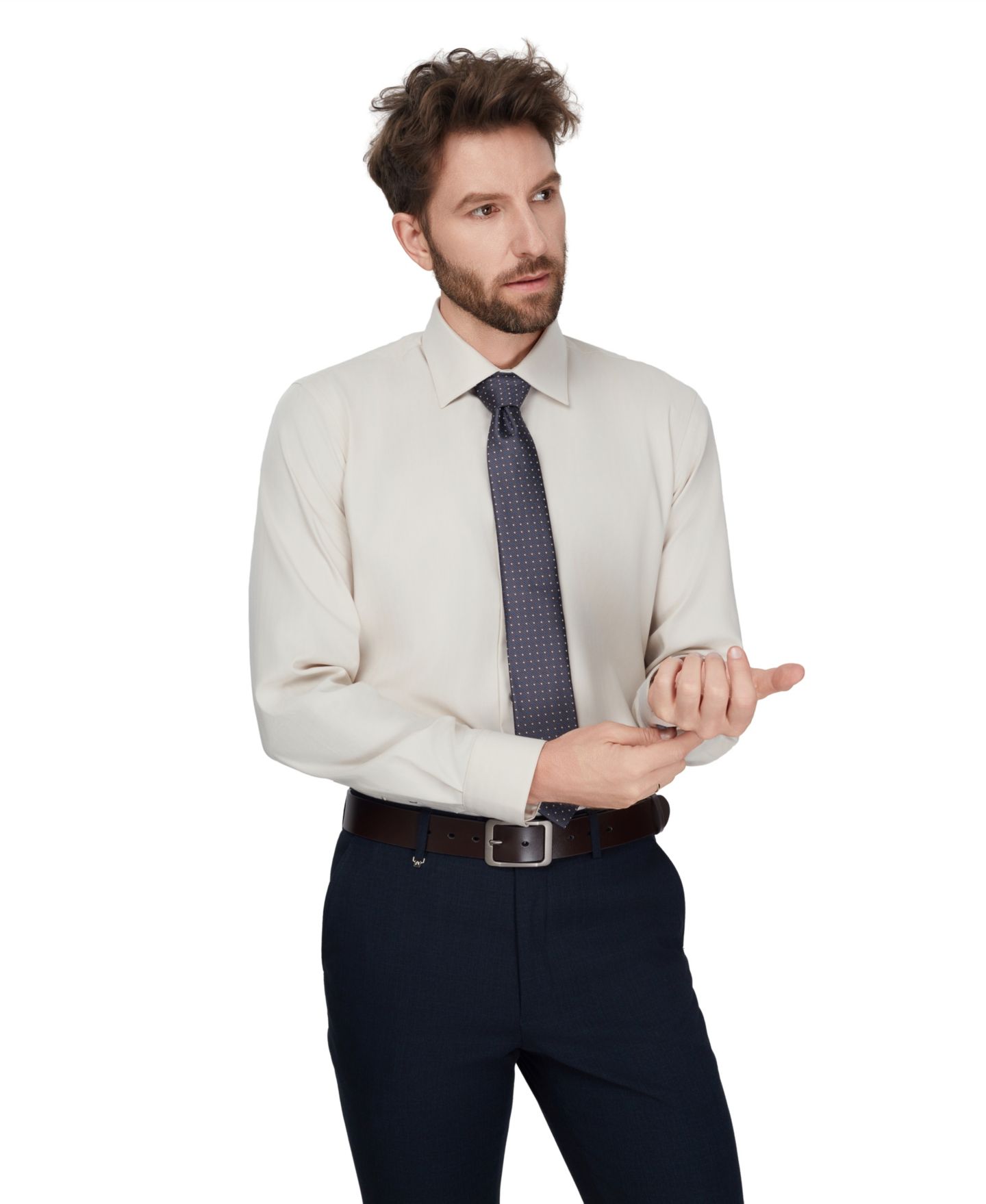 Мужская рубашка Alfani Herringbone Long-Sleeve Dress Shirt, цвет: Бежевый — фото 5