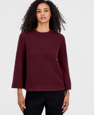 Petite Braided-Trim Long-Bell-Sleeve Sweater