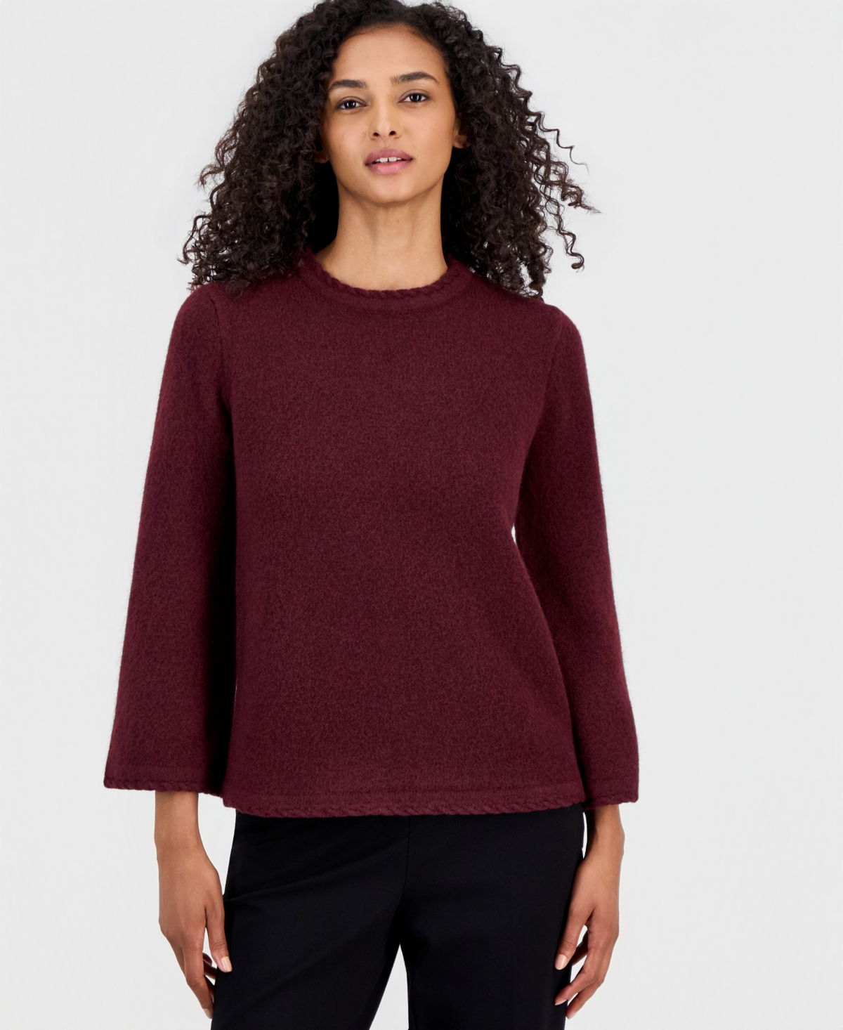 Anne Klein Women's Braided-Trim Long-Bell-Sleeve Sweater - Barolo