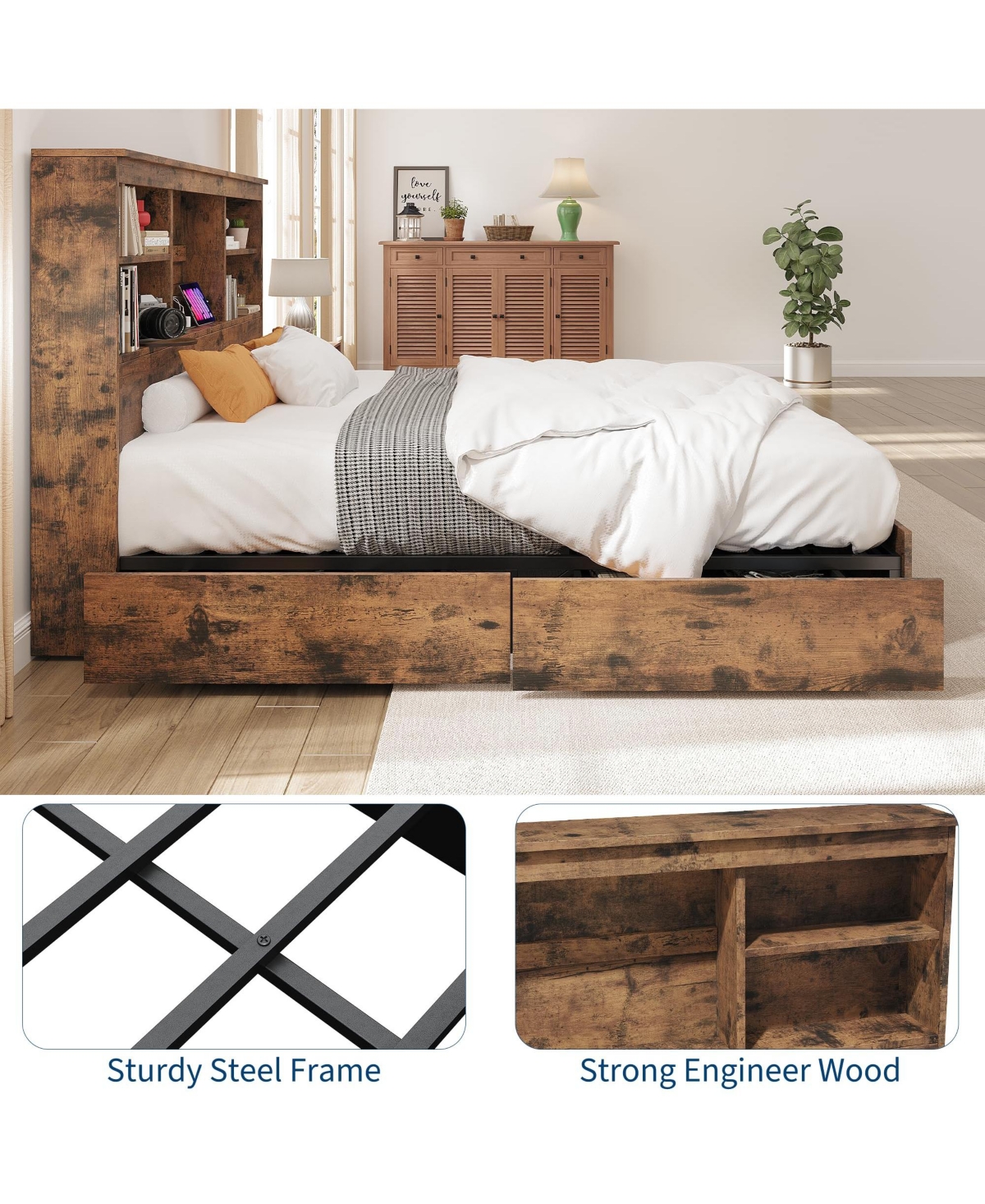 homfan Wood Bed Frame with Bookcase Headboard, 4 Storage Drawers, Built-in Charging Station, Metal Platform, Noise-Free