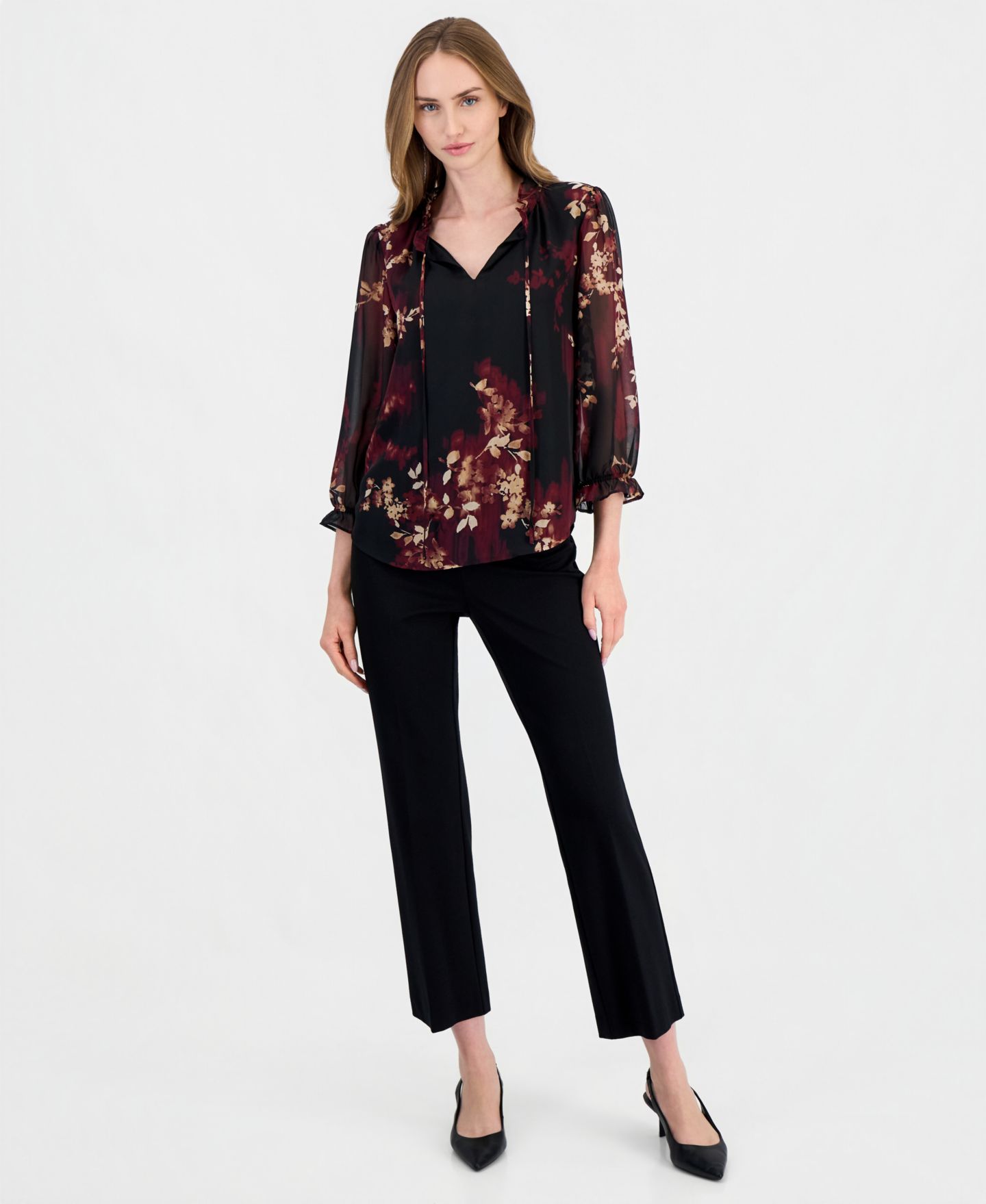 Женская блузка Anne Klein Ruffle-Neck Tie-Front Floral Blouse, цвет: Чёрный разноцветный — фото 4