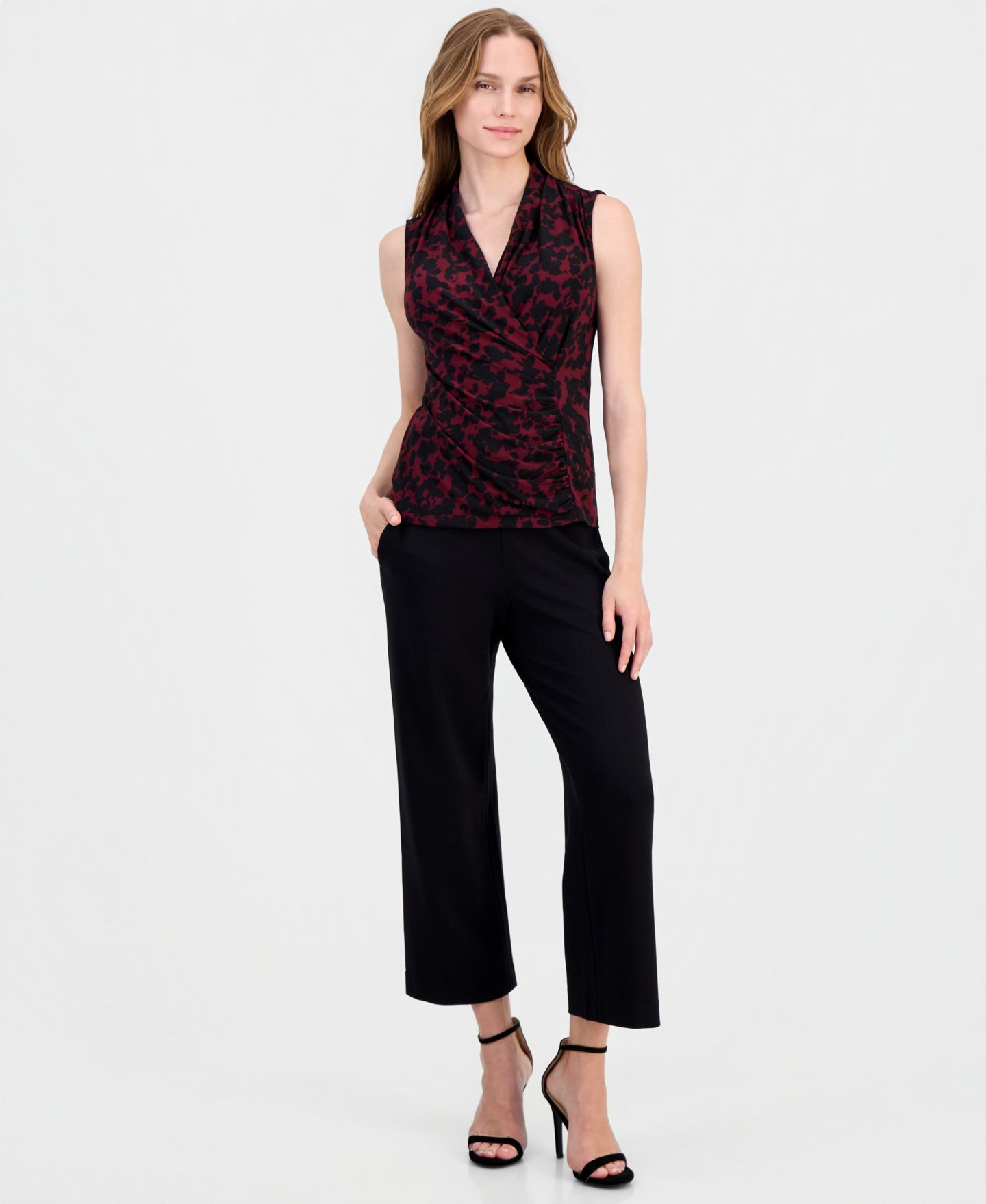 Женский топ Anne Klein Printed Faux-Wrap Sleeveless Top, цвет: Чёрный — фото 4