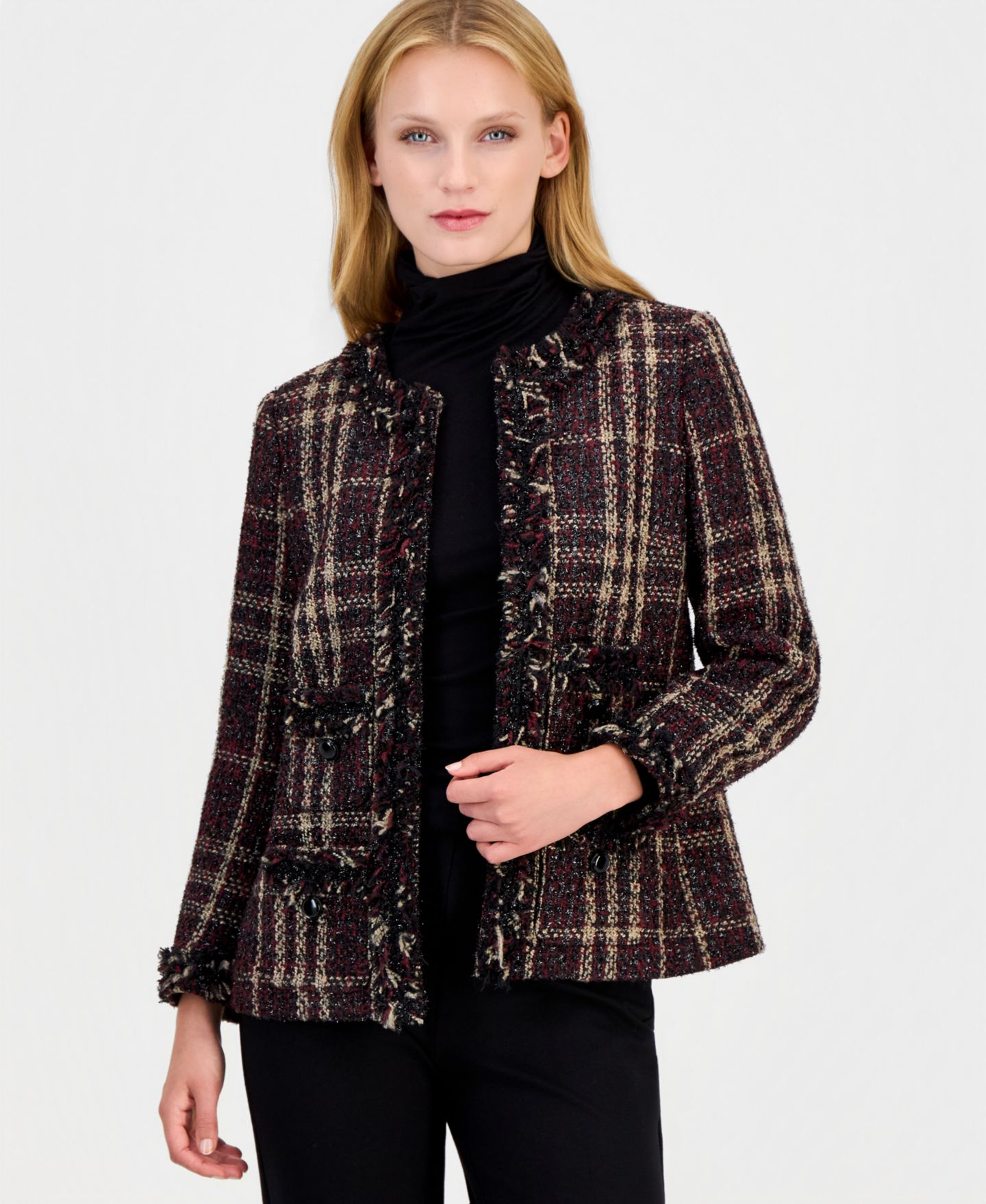 Женская куртка Anne Klein Plaid Fringe-Trim Tweed, цвет: Разноцветный — фото 2