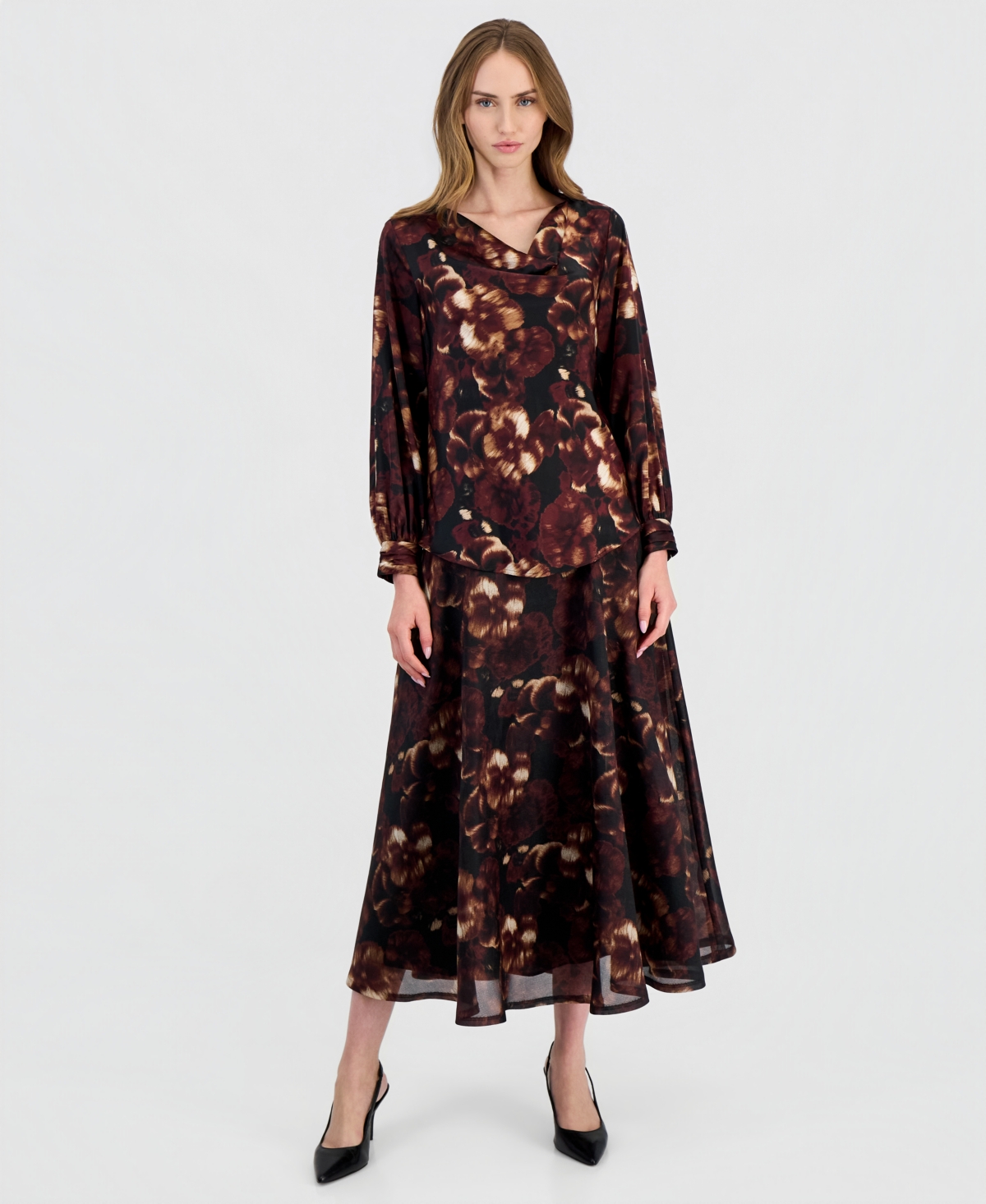 Anne Klein Petite Drape Neck Floral-Print Long-Sleeve Blouse
