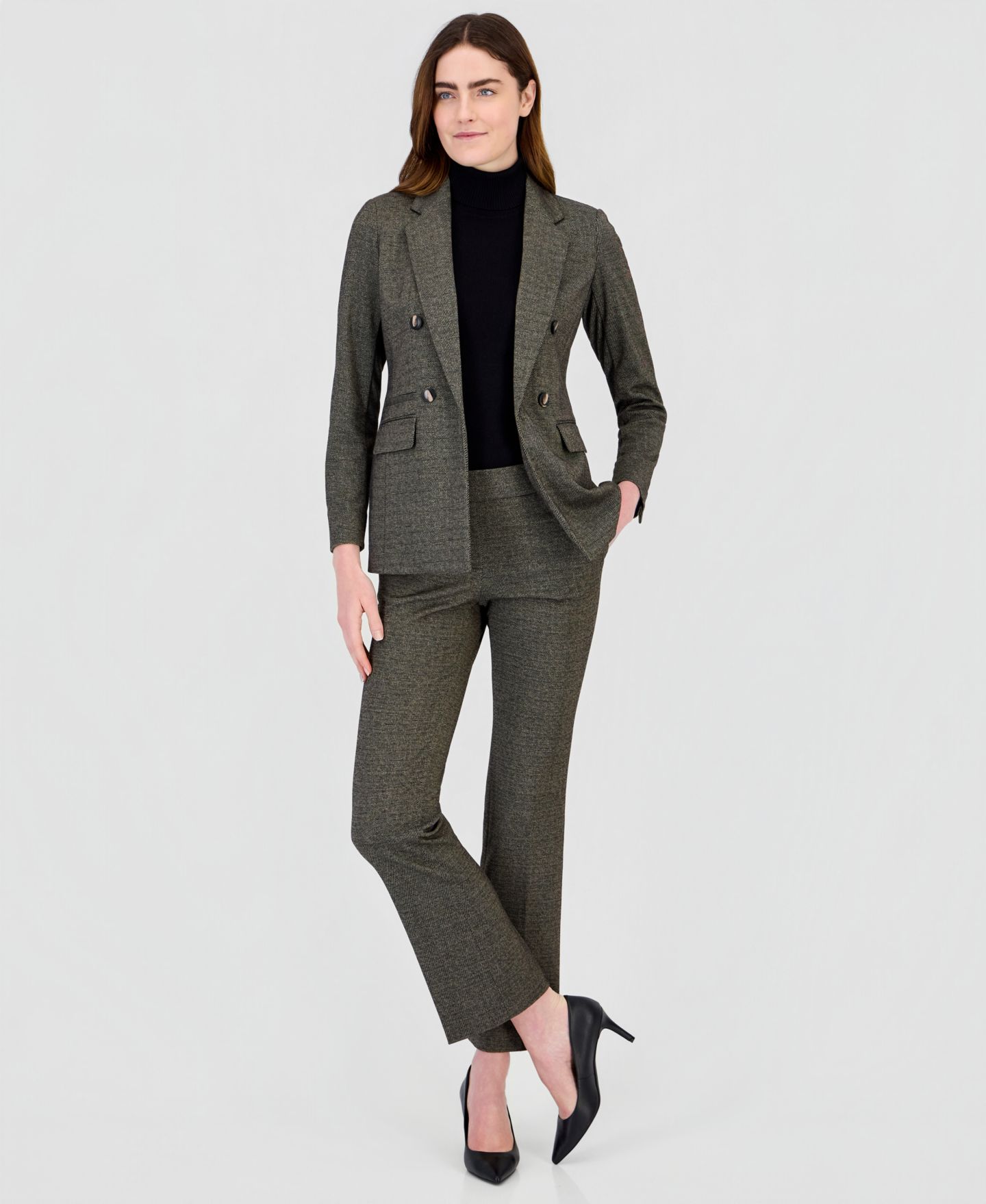 Женский пиджак Anne Klein Double Breasted Notched Collar Triple Pocket Blazer, цвет: Чёрный разноцветный — фото 3
