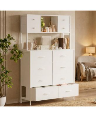 12 Drawer Dresser, Large Fabric Chest of Drawers with LED Light and Charging Station, 3 Open Shelves