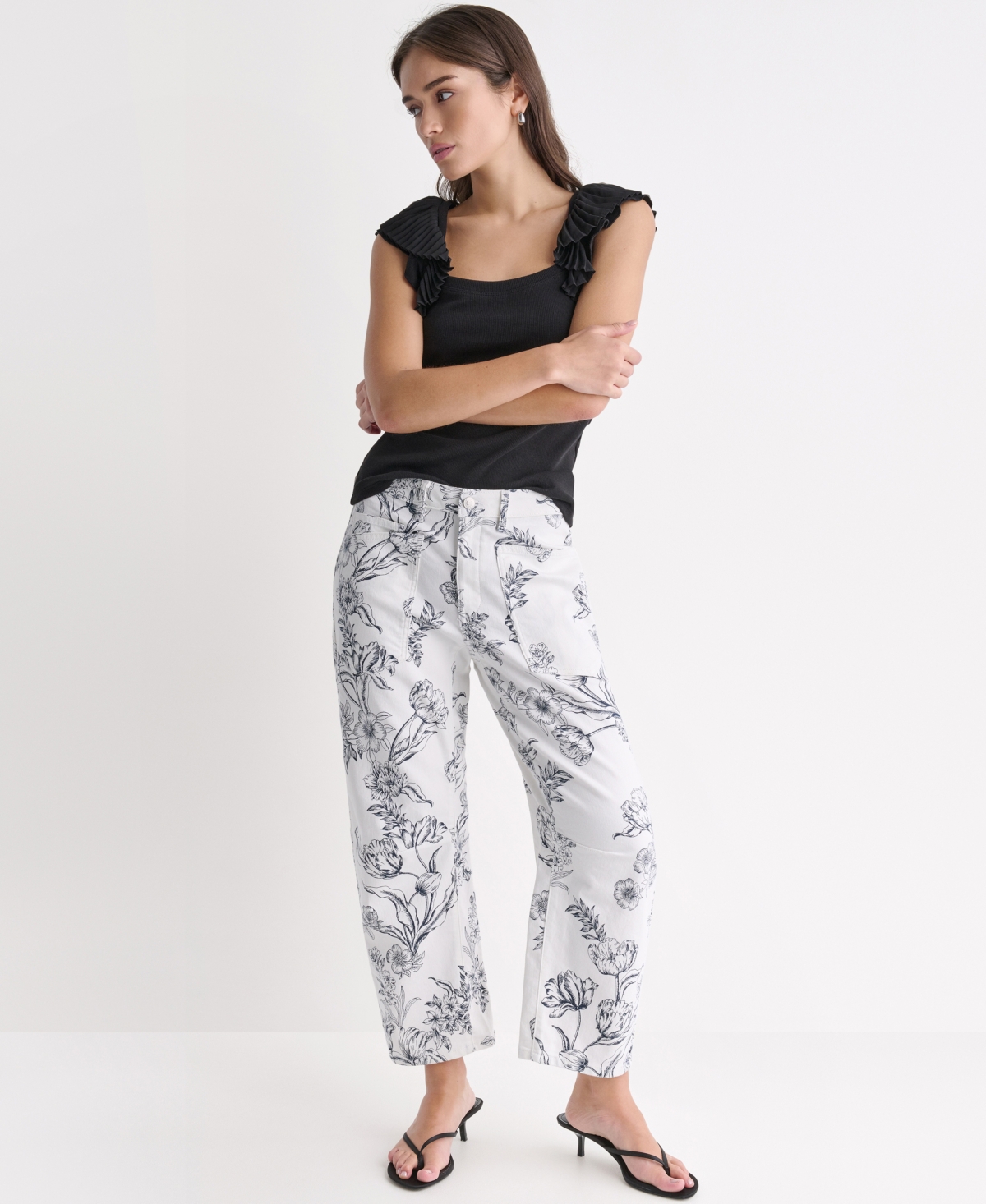Bcbg Women's Printed Flat-Front Barrel Leg Jeans - White/Deep Sea Heather