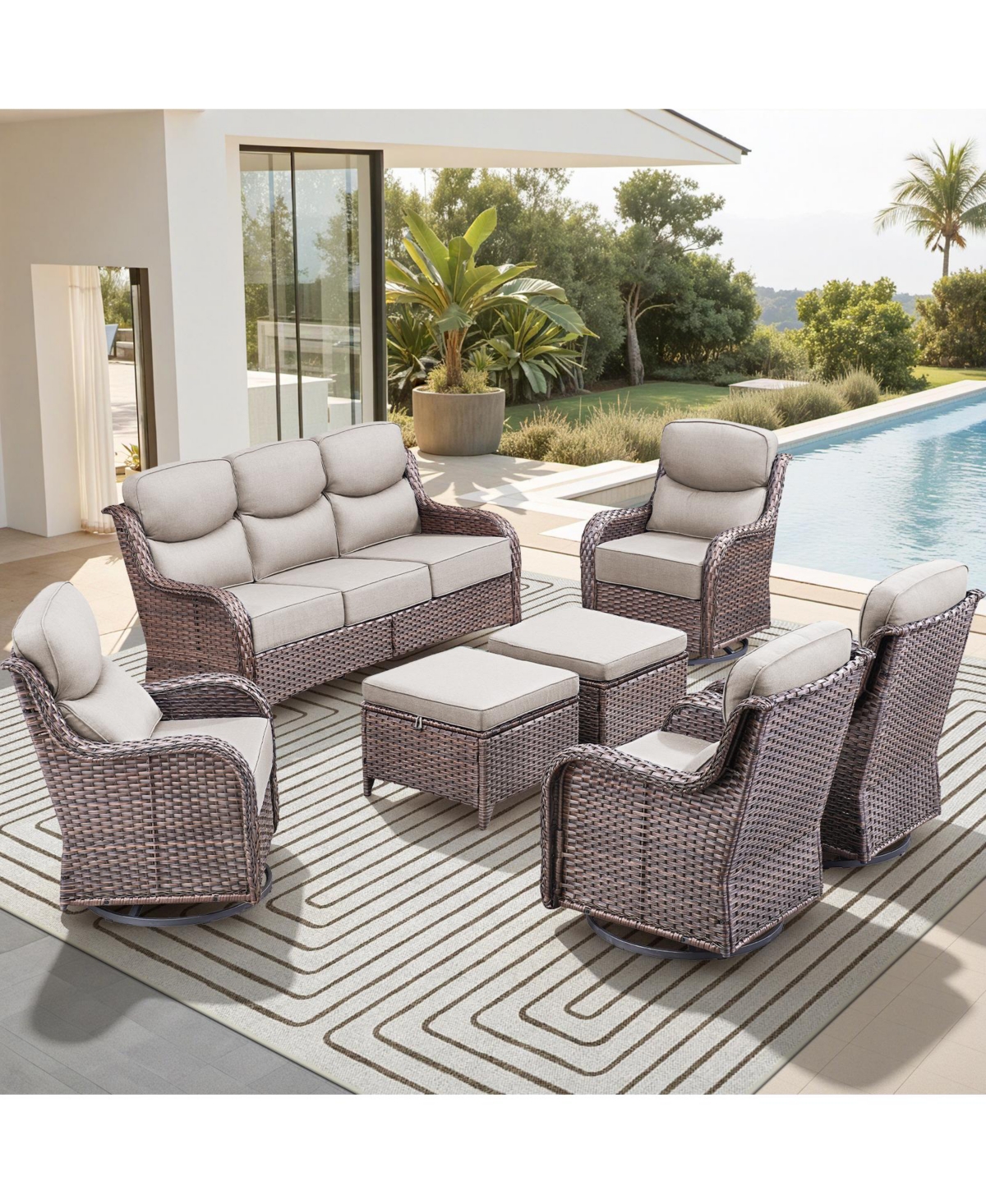 Pocassy Outdoor Patio Furniture Set-7 Pieces All-Weather Wicker with Swivel Chairs Conversation Sets