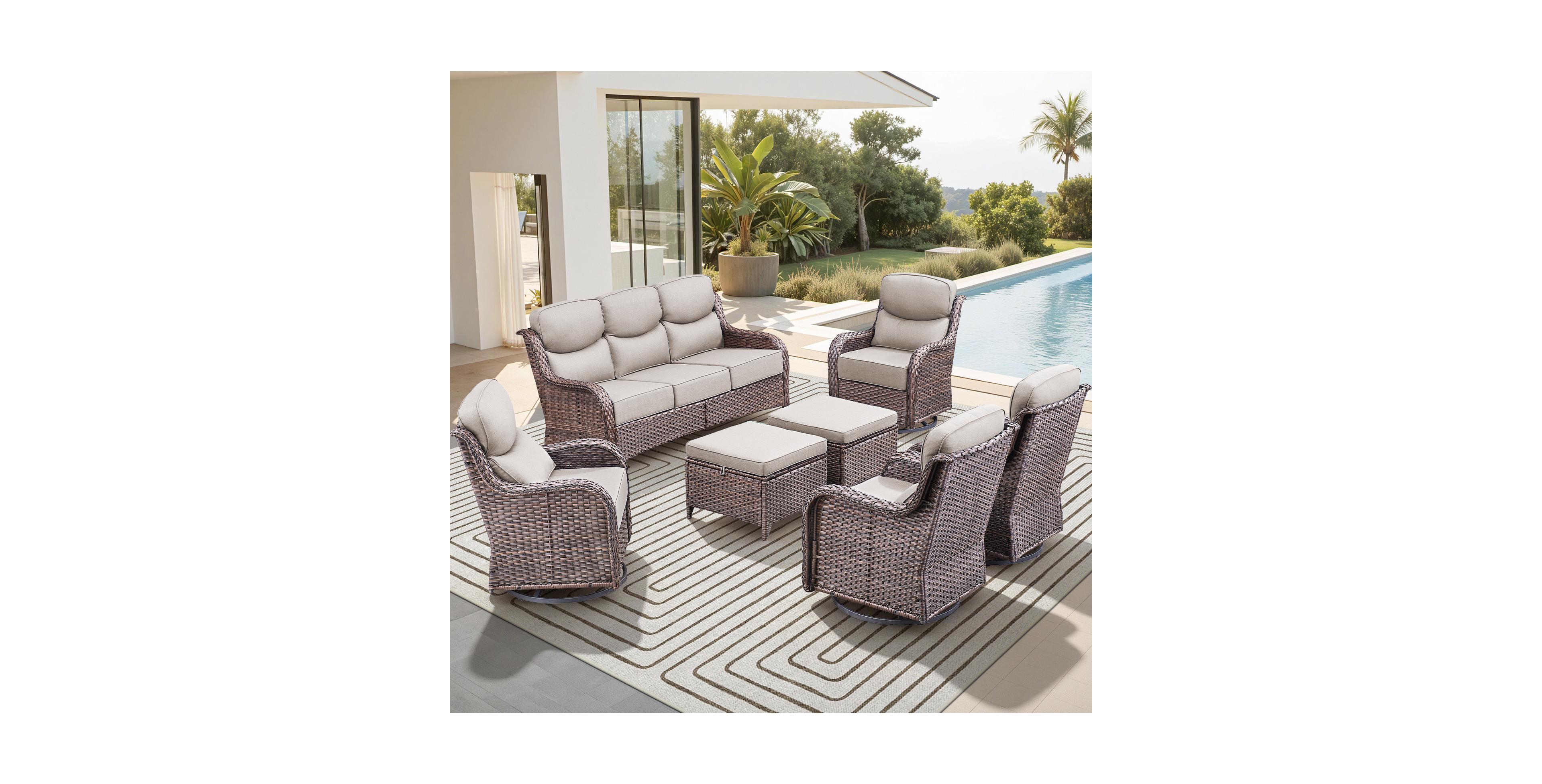 Pocassy Outdoor Patio Furniture Set-7 Pieces All-Weather Wicker with Swivel Chairs Conversation Sets