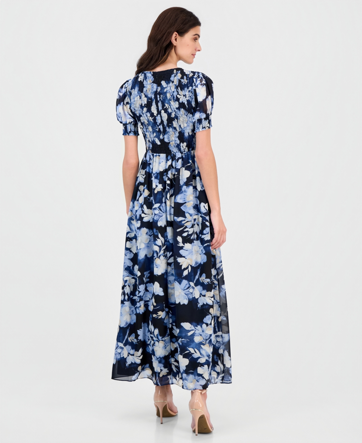 Anne Klein Women's Printed Puff-Sleeve Smocked Maxi Dress