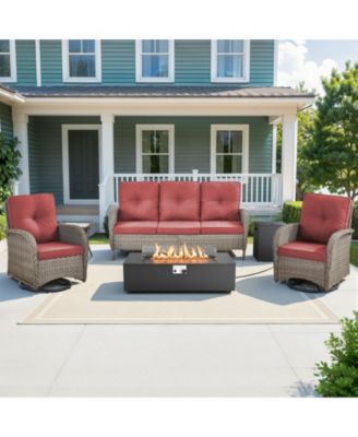 6-Piece Patio Furniture Set with Fire Pit Kit,Wicker Outdoor Swivel Rocker Chairs Patio Sofa for Backyard,Poolside