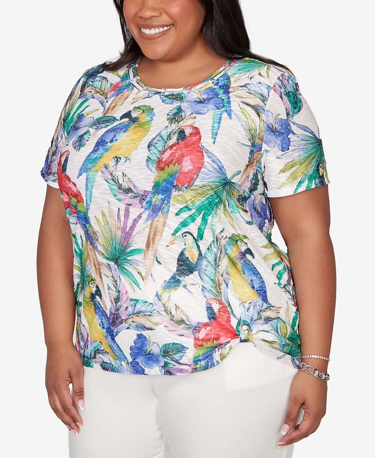 Alfred Dunner Plus Parrot Tropical Beaded Neck T-Shirt