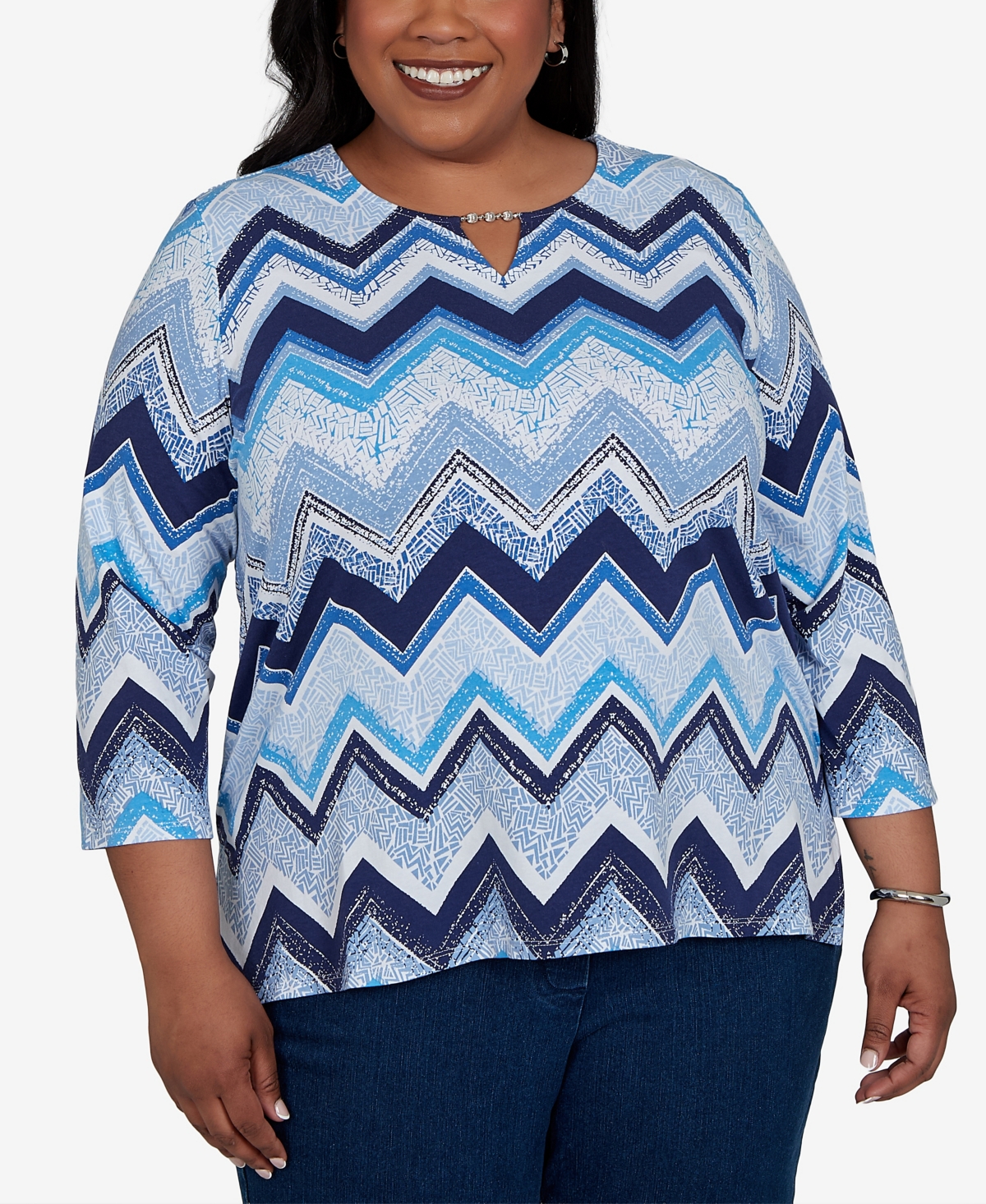 Alfred Dunner Plus Chevron Blues Split Neck Top