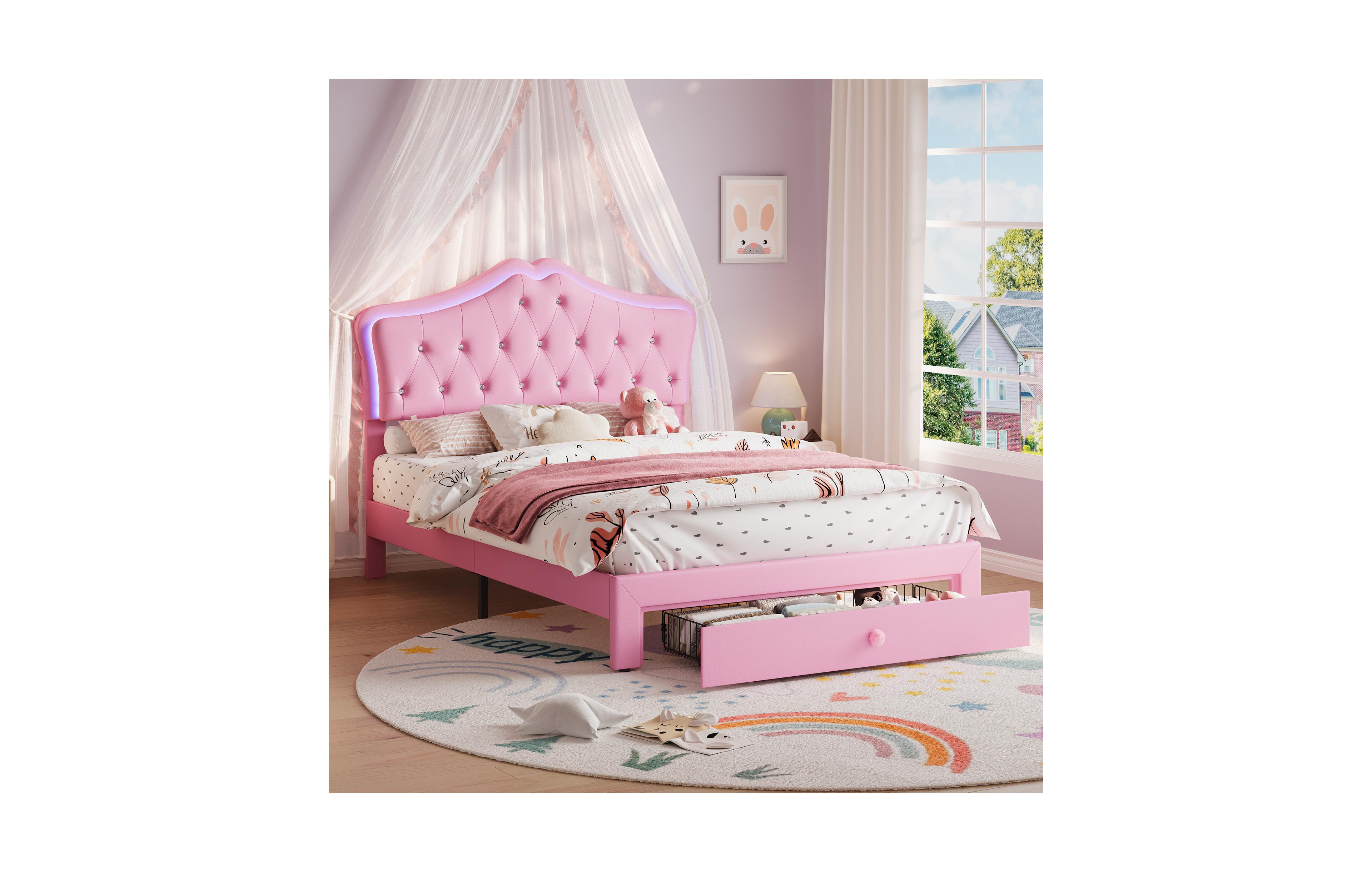 homfan Led Headboard Platform Bed, Tufted Bed Frame with Storage Drawer for Kids Room and Teens Room