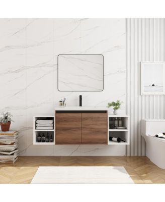 54 Inch Wall Mounted Bathroom Vanity with Resin Sink and Open Storage Shelves for Small Modern Bathroom