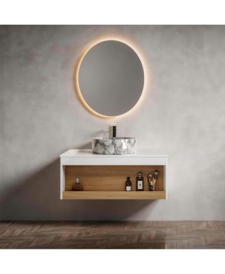 35.4 Inch Wall Mounted Bathroom Vanity with Marble Vessel Sink, Floating Plywood Cabinet, Open Storage for Small Spaces