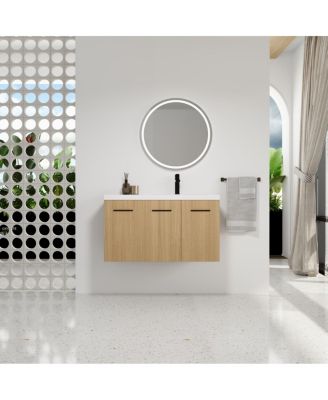 36 Inch Wall Mounted Bathroom Vanity with Resin Sink Top, Soft Close Doors, Space Saving Design for Modern Bathrooms