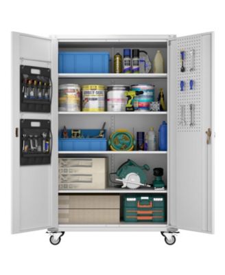 72" Metal Garage Storage Cabinet with Wheels and Pegboard, Wide Rolling Tool Organizer with Doors