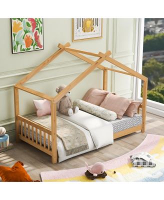 Twin Size Natural Wood House Platform Bed with Headboard Footboard Roof Design and Open Concept