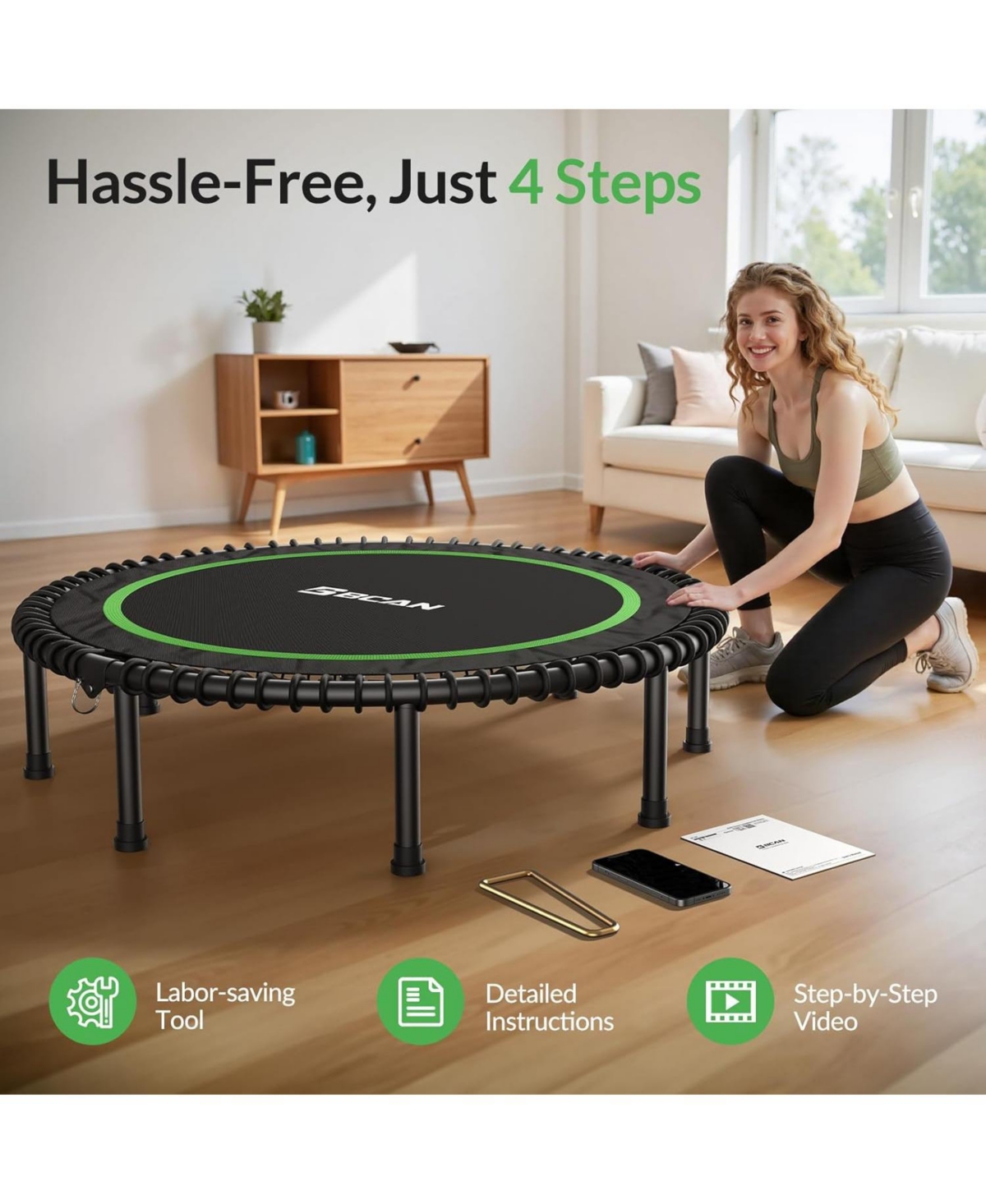 Bcan 450/550LBS Foldable Mini Trampoline for Adults, 40/48 inches Fitness Rebounder with Bungees
