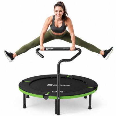 SP3 Foldable Mini Rebounder Trampoline with Adjustable T Shape Foam Handrail 48 Inch Indoor Garden Workout Trampoline for Adults 440LBS