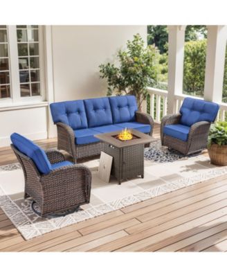 4 Pieces Patio Furniture Set, Wicker Outdoor Conversation Sets with Fire Pit Table for Backyard Garden Deck