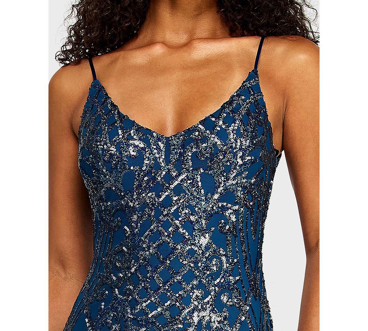 B Darlin Juniors' V-Neck Pattern Sequin Spaghetti Straps Dress view 4 — MAYCSS fashion products