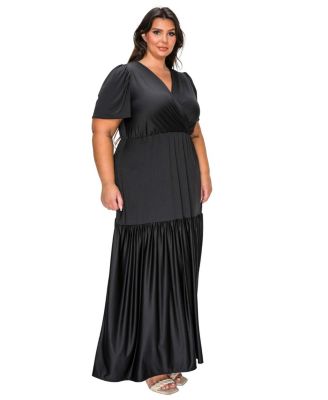 plus size tiered dress formal L I V D Women's Violetta Surplice Black / 1X korut