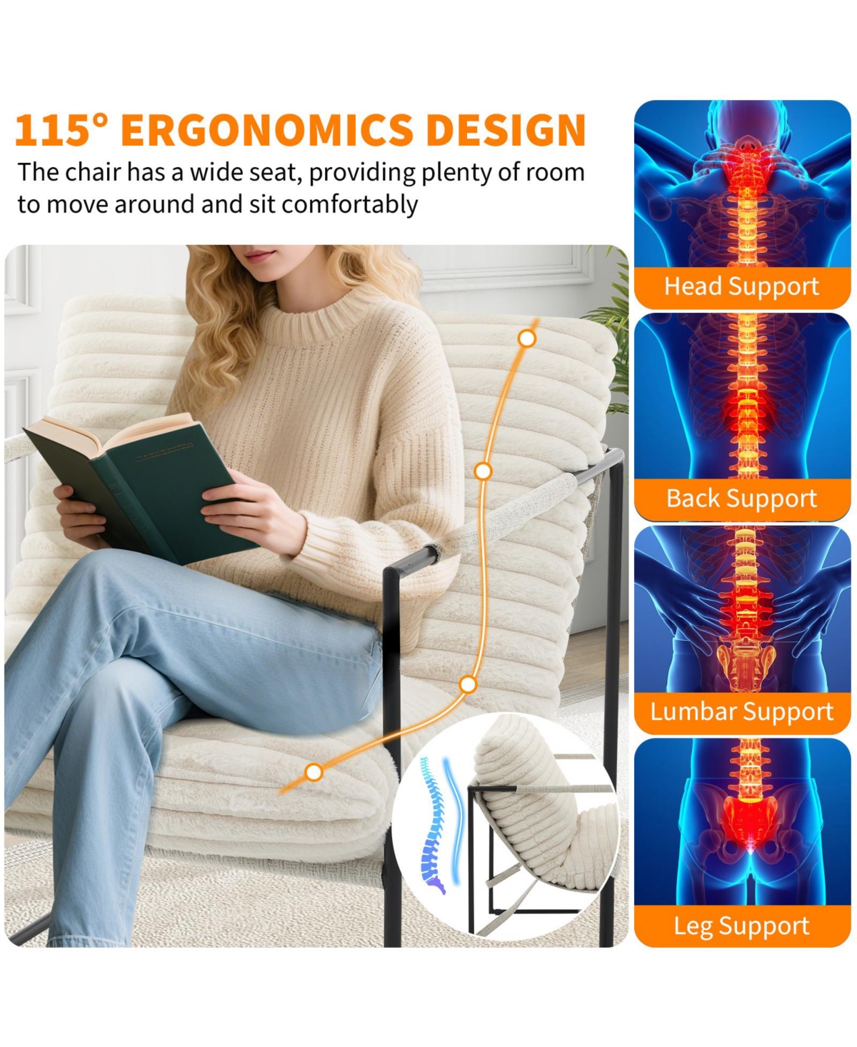 homfan Oversized Modern Sling Accent Chair, Ergonomic Metal Frame, Removable Cushioned Armchair, Upholstered Lounge Seating for Living Room or Bedroom
