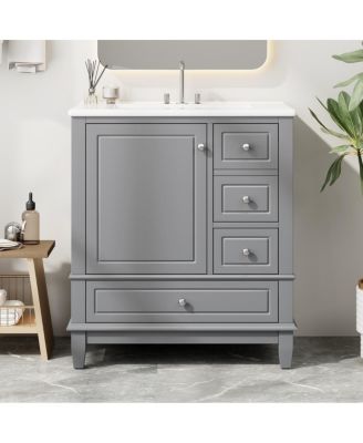 30" Freestanding Vanity With Ceramic Sink, 1 Soft-Close Door With Shelf, 3 Drawers With Knobs