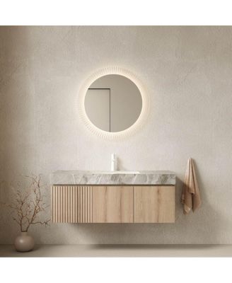 48" Oak Floating Plywood Vanity Set With Sink, Travertine Sintered Stone Top 1-Hole Faucet