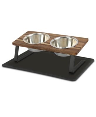 Walnut Wood Elevated Pet Feeder Set 15 Degree Tilt Anti Slip Stainless Steel Bowls
