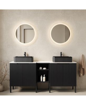 60 Inch Bathroom Vanity with Double Vessel Sinks, Sintered Stone Countertop, Soft Close Doors, Open Shelf Storage