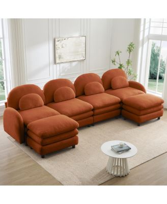 Teddy Fabric 4-Seat Modular Cloud Sofa with 2 Ottomans