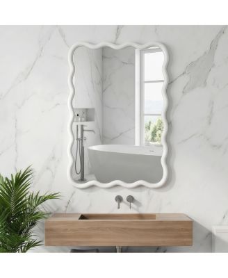 Wood Wall Mirror, Wavy Rectangle Bathroom Vanity Mirror for Entryway and Bedroom