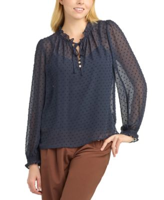 Juniors' Split Crewneck Ruffle Long-Sleeve Blouse