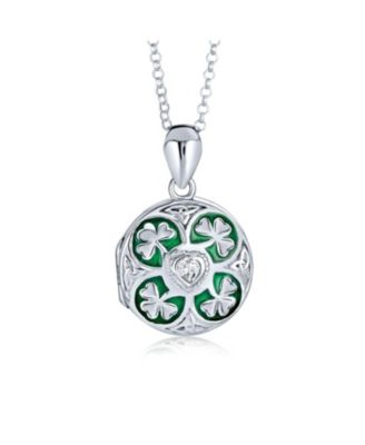 Celtic Lucky Clover Keepsake Photo Locket Necklace Round Lucky Enamel .925 Sterling Silver