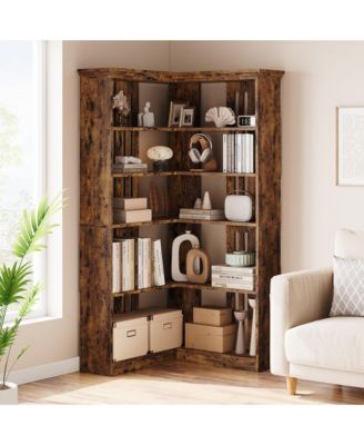 Tall L-Shaped Corner Bookshelf, Farmhouse Design 5-Tier Large Wooden Bookcase, Modern Storage Display Shelf for Living Room, Bedroom