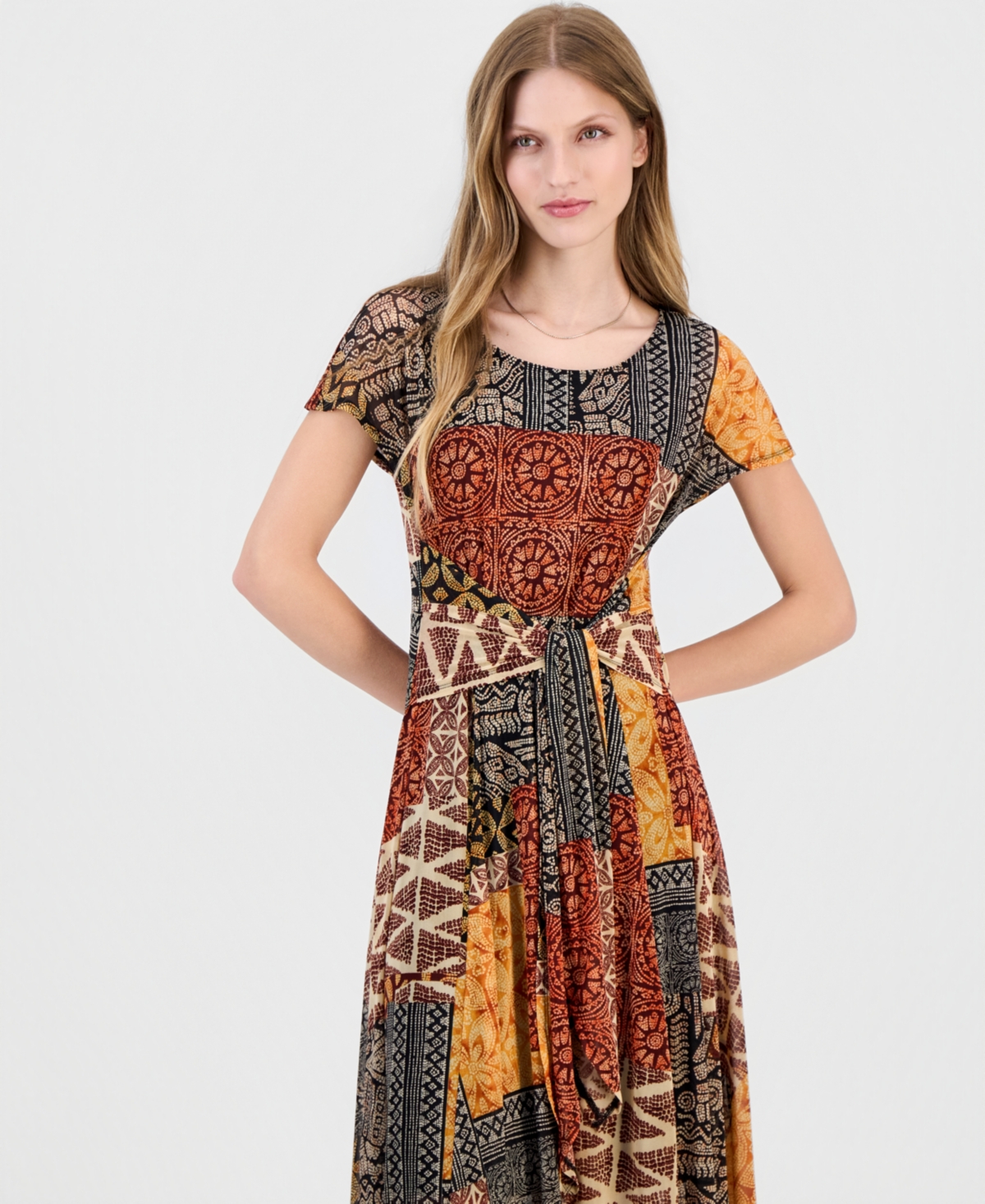 Robbie Bee Women's Printed Extended-Sleeve Tie-Waist Dress