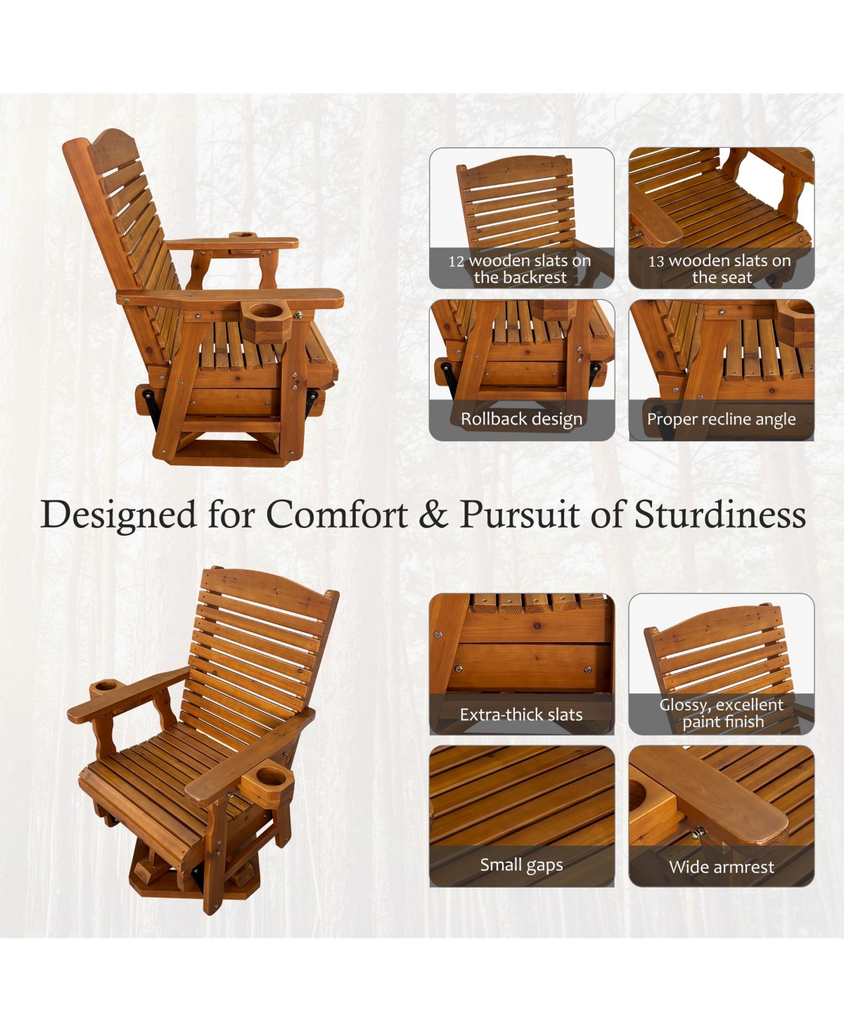 Mega Casa Solid Fir Wood Outdoor 360-Degree Swivel Rocker Chair, Heavy-Duty Rotating Patio Glider Armchair