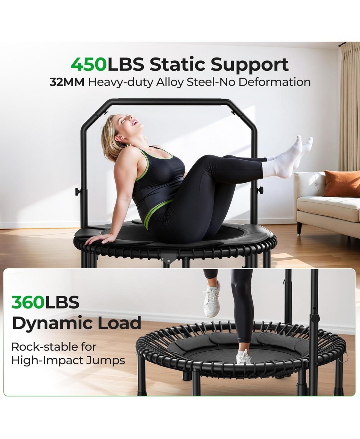 Bcan 2026 Upgraded Mini Rebounder Trampoline for Adults with Bar, Fitness Trampoline with Bungees, Adjustable Handle