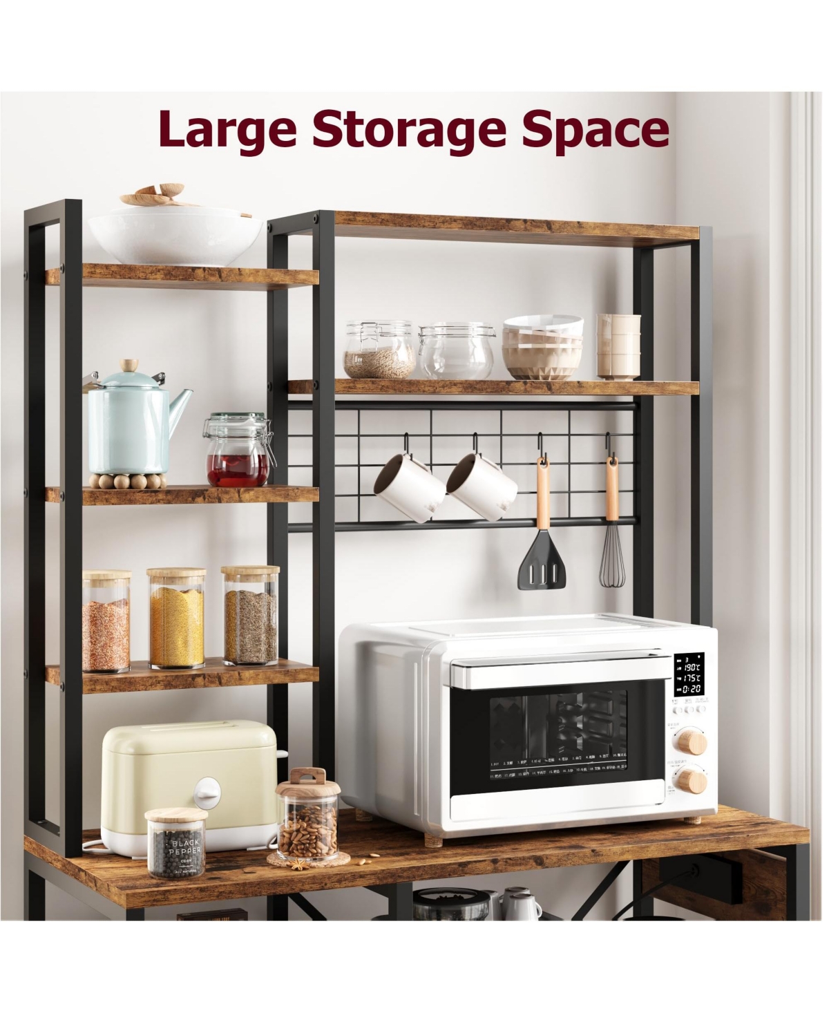 Gaomon 70.1 Inch 7-Tier Industrial Baker's Rack with Power Outlet, Microwave Coffee Bar Station Wire Baskets for Kitchen and Living Room